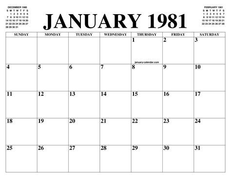 Calendar For January 1981