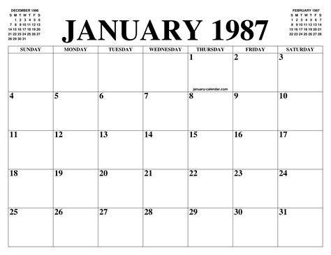 Calendar For January 1987