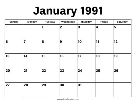Calendar For January 1991