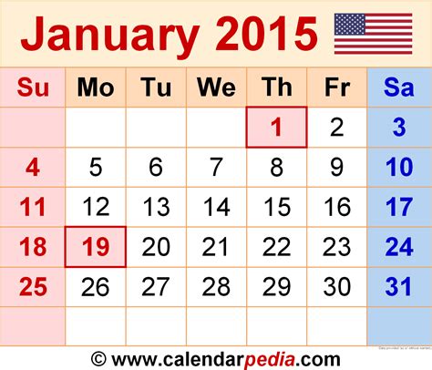 Calendar For January 2015
