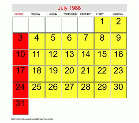 Calendar For July 1988
