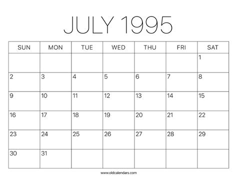 Calendar For July 1995