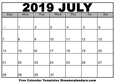 Calendar For July 2019