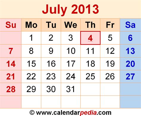 Calendar For July Of 2013