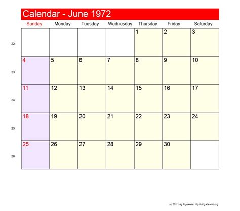 Calendar For June 1972