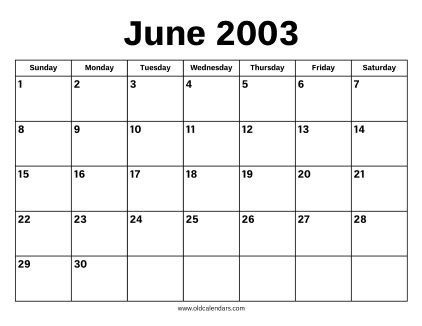 Calendar For June 2003