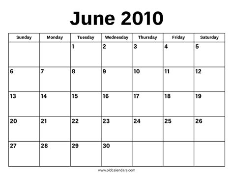 Calendar For June 2010