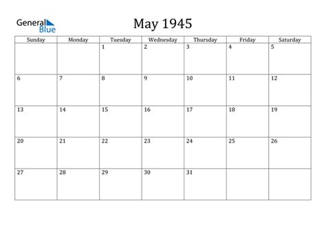 Calendar For May 1945