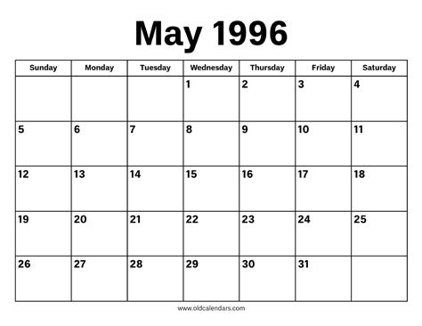 Calendar For May 1996