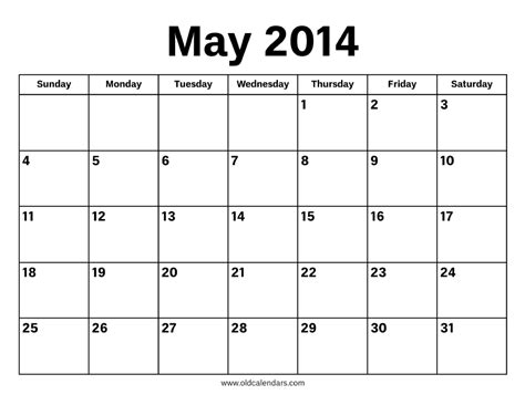 Calendar For May 2014