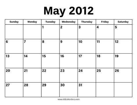 Calendar For May Of 2012