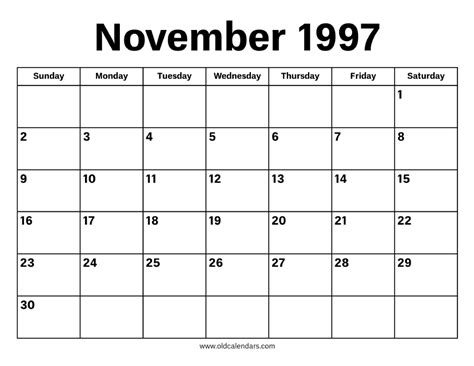 Calendar For November 1997