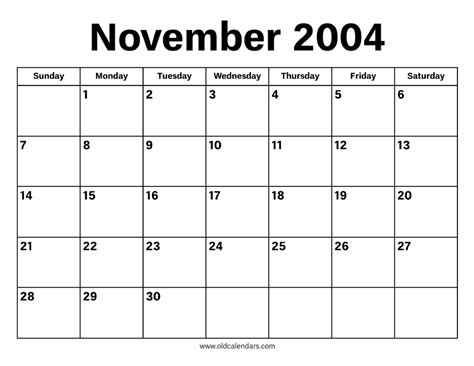 Calendar For November 2004