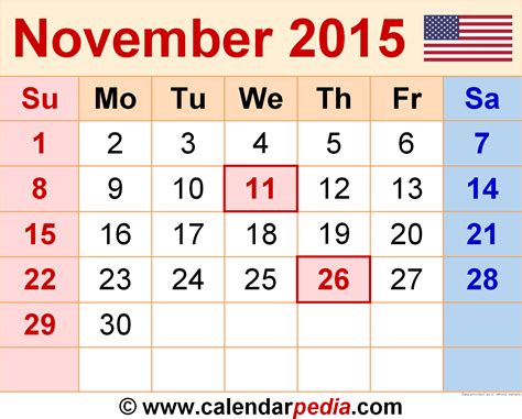 Calendar For November 2015