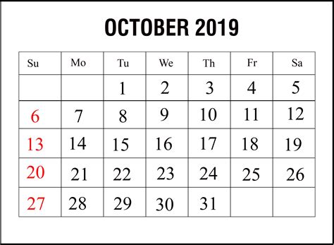 Calendar For October 2019