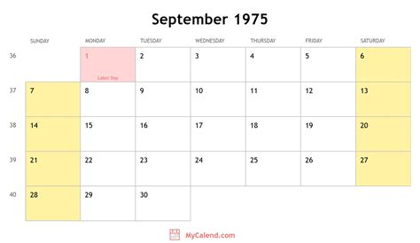 Calendar For September 1975