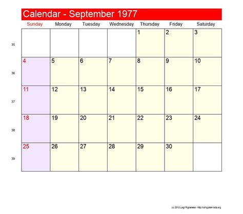 Calendar For September 1977