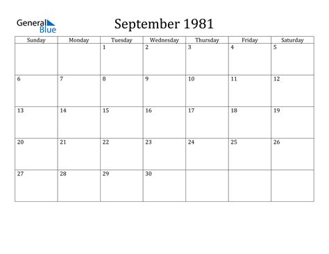 Calendar For September 1981