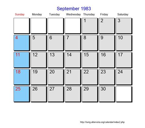 Calendar For September 1983