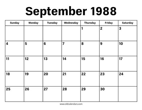 Calendar For September 1988