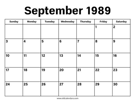 Calendar For September 1989