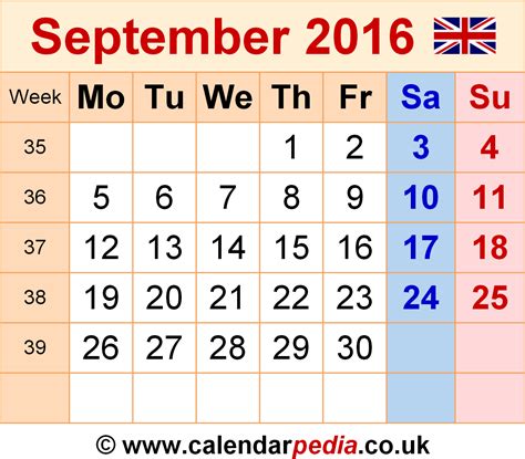 Calendar For September 2016