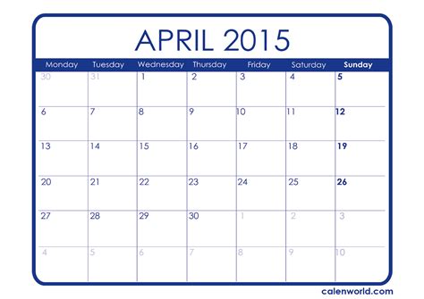 Calendar For The Month Of April 2015