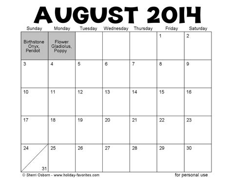 Calendar For The Month Of August 2014