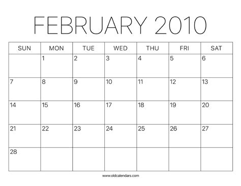 Calendar For The Month Of February 2010