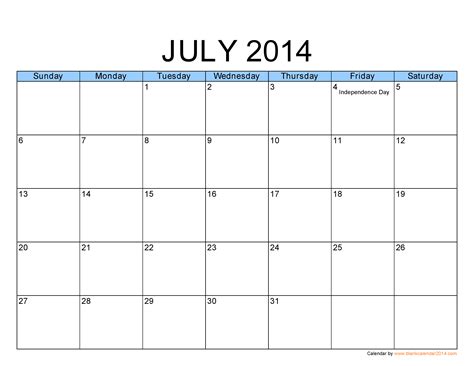 Calendar For The Month Of July 2013