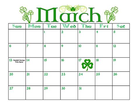 Calendar For The Month Of March