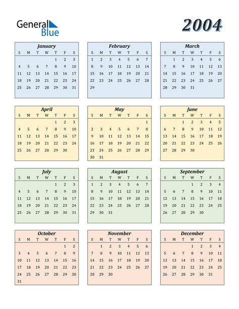 Calendar For Year 2004