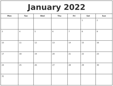 Calendar January 2022 Printable