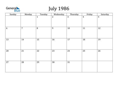 Calendar July 1986