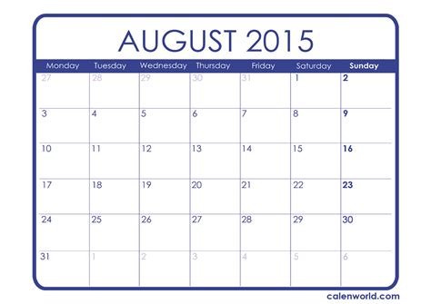 Calendar Month Of August 2015