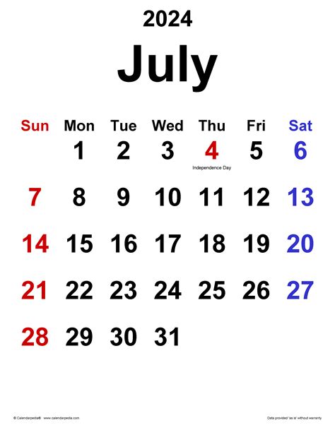 Calendar Month Of July