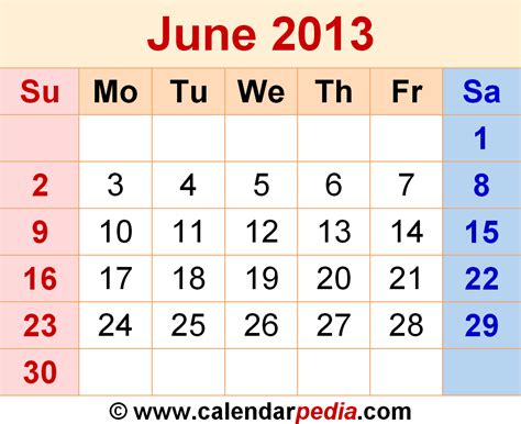 Calendar Month Of June 2013