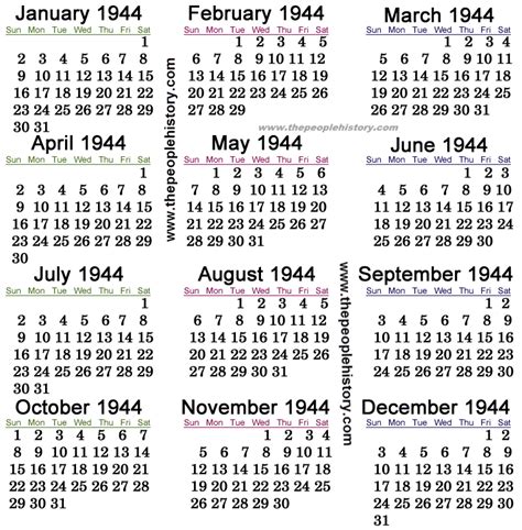 Calendar Of 1944