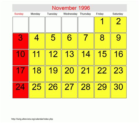 Calendar Of 1996 November