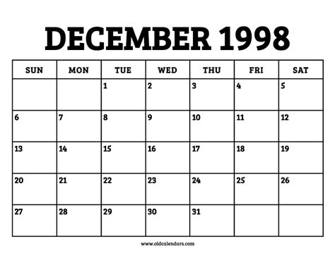 Calendar Of 1998 December