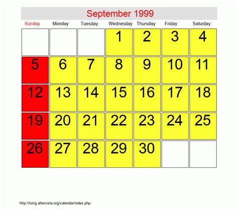 Calendar Of 1999 September