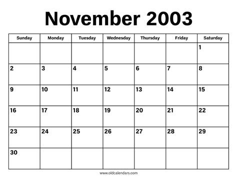 Calendar Of 2003 November