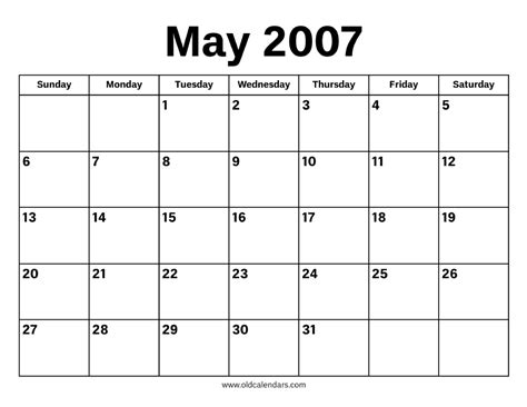 Calendar Of 2007 May