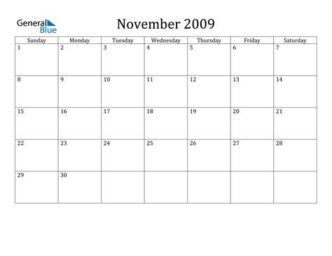 Calendar Of 2009 November