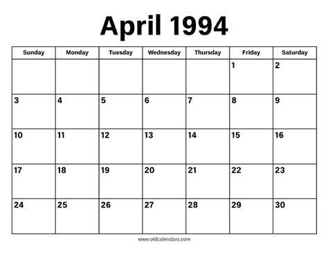 Calendar Of April 1994