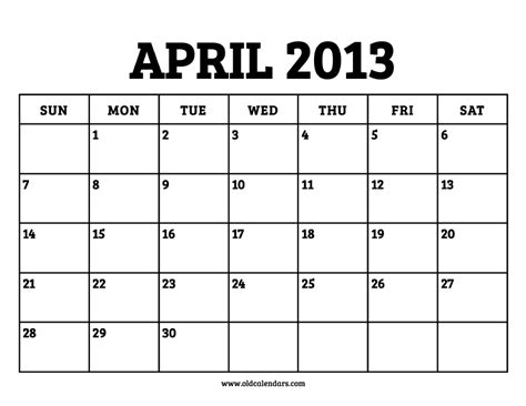 Calendar Of April 2013
