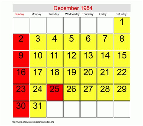 Calendar Of December 1984