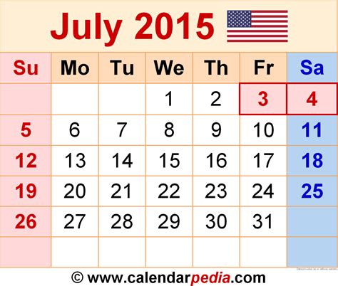 Calendar Of July 2015