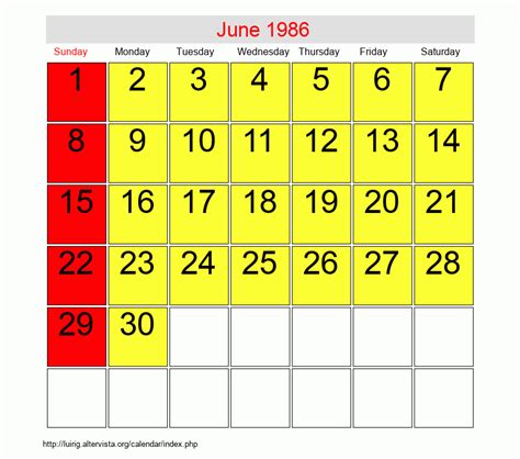 Calendar Of June 1986