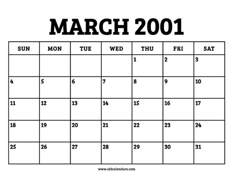 Calendar Of March 2001